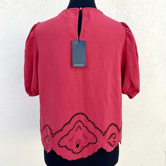 New Adrianna Papell Eyelet Scallop Hem Puff Sleeve Blouse in XS Rose - Picture 2 of 13